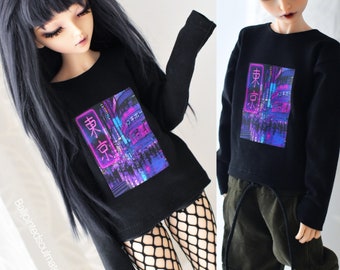 SLIM MSD BJD Minifee 1/4 Black longsleeve boyfriend shirt with Neon Tokyo City print