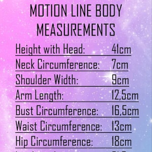 May include: A chart with measurements for a doll body, including height, neck circumference, shoulder width, arm length, bust circumference, waist circumference, hip circumference, and leg length. The measurements are in centimetres.