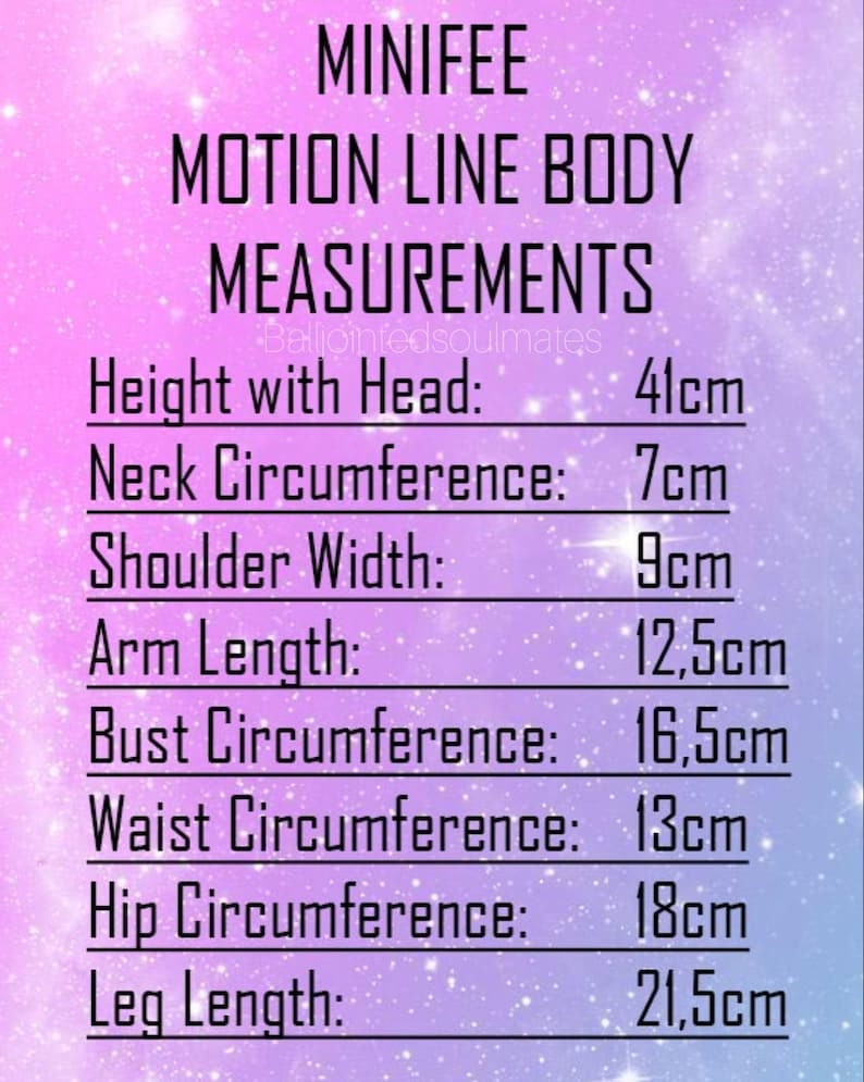 May include: A chart with measurements for a doll body, including height, neck circumference, shoulder width, arm length, bust circumference, waist circumference, hip circumference, and leg length. The measurements are in centimetres.