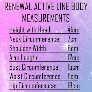 May include: A pink and purple background with white text listing body measurements in centimetres. The text reads: MINIFEE RENEWAL ACTIVE LINE BODY MEASUREMENTS Height with Head: 41cm Neck Circumference: 7cm Shoulder Width: 8cm Arm Length: 12cm Bust Circumference: 15cm Waist Circumference: 11cm Hip Circumference: 18cm Leg Length: 22cm