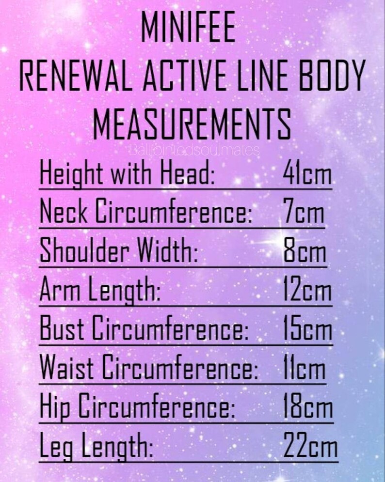 May include: A pink and purple background with white text listing body measurements in centimetres. The text reads: MINIFEE RENEWAL ACTIVE LINE BODY MEASUREMENTS Height with Head: 41cm Neck Circumference: 7cm Shoulder Width: 8cm Arm Length: 12cm Bust Circumference: 15cm Waist Circumference: 11cm Hip Circumference: 18cm Leg Length: 22cm