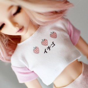 SLIM MSD BJD Minifee 1/4 White crop top with pastel pink sleeves and strawberry print