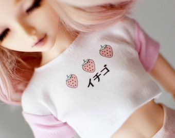 SLIM MSD BJD Minifee 1/4 White crop top with pastel pink sleeves and strawberry print