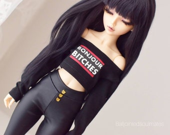 SLIM MSD BJD Minifee 1/4 Black longsleeve crop top with "bonjour" print