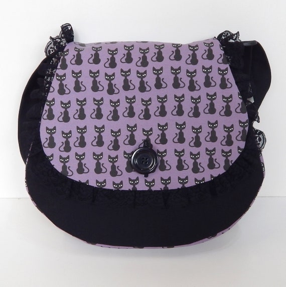 Gothic Black Cat Messenger Bag, Handmade Crossbody Purse, Canvas Handbag