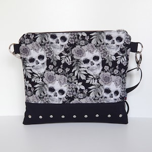 Handmade Gothic Skull Crossbody Bag: Black Twill Purse