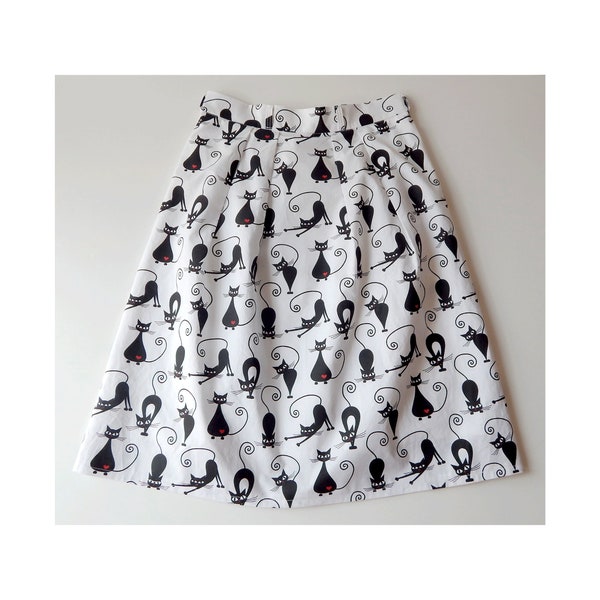 Meow-worthy A-Line Cat Skirt, Black Cat Lover Gift, High-Waisted Cotton Skirt, Purr-fect Cat Themed Skirt, Cat Lover Gift, Cat A-Line Skirt