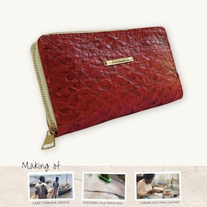 Exotic Leather Wallet | Ruby Red Fish Leather, Beige Trim | Handmade Zip Wallet | Ambani Kenya