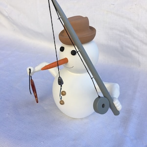 Painted Wooden Fisherman Snowman with Removable Rod