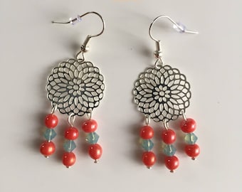 Coral and blue beads silver pinwheel earrings