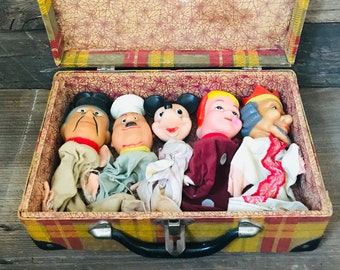 Gran maleta vintage con 5 marionetas de mano vintage, marioneta de mano de Mickey Mouse, juguetes infantiles vintage, marionetas coleccionables vintage, marionetas