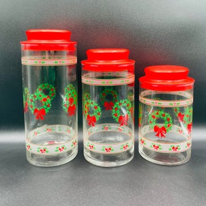 Fabulous set of 3 Vintage canisters, Christmas jars, Victorian style kitchen canisters, Christmas decanters, Vintage Christmas Decor.
