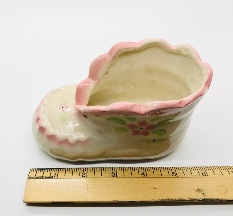 vintage indoor planter baby shoes pink ceramic shoe baby room Vintage Ceramic Pink Baby shoe indoor planter baby girl vintage planters