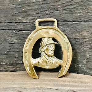 Vintage Brass Jockey and Horse Shoe Medallion, horse harness medallions, horse harness decoration, brass medallions, vintage brass medallion