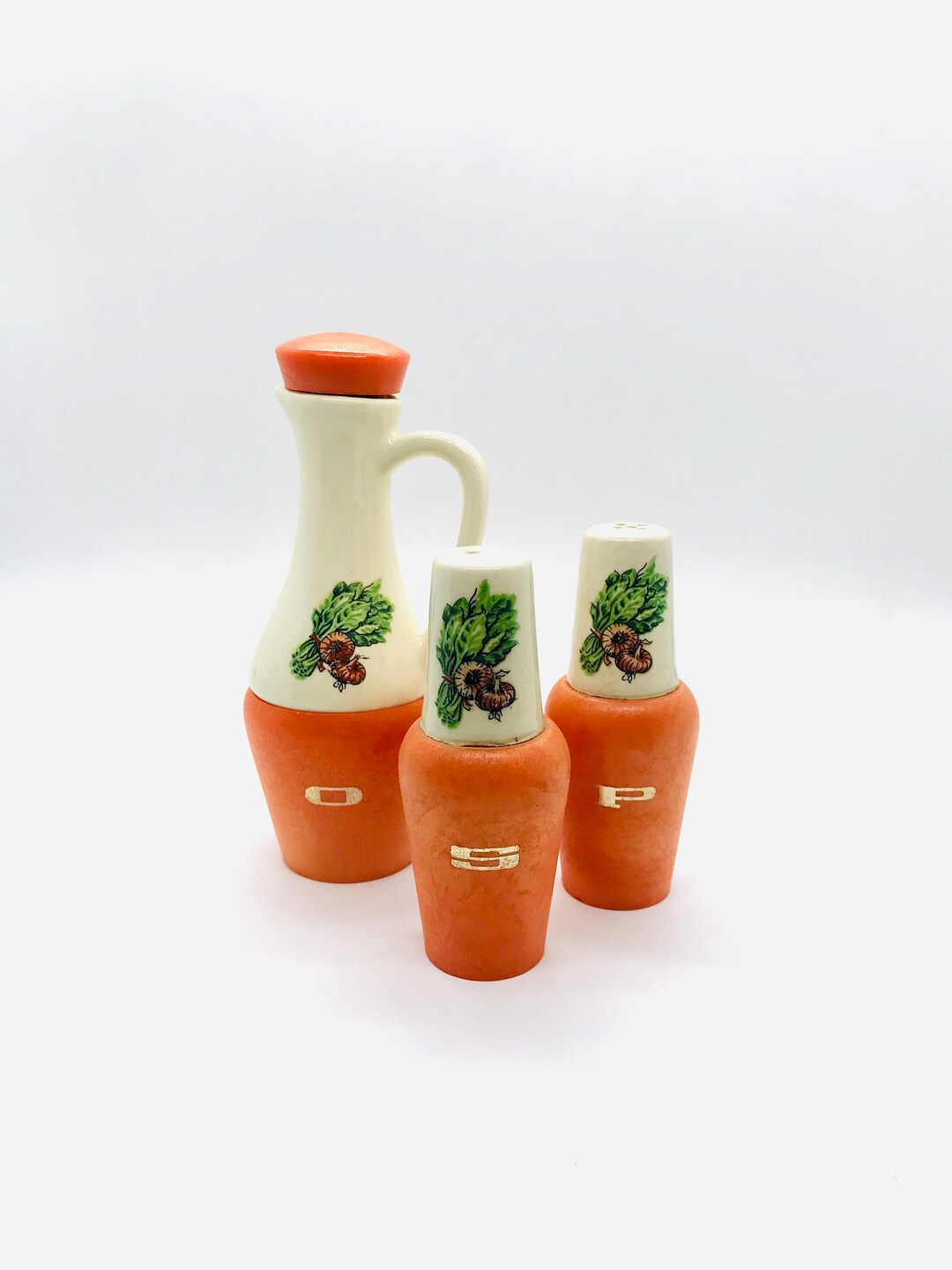 Set di olio, sale e pepe vintage del 1970, agitatori di sale e pepe