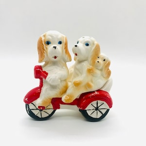 Adorable Vintage Puppy Dogs On a Bike Salt and Pepper Shakers, Vintage Shakers, Cute Dogs, Vintage Salt and Pepper Shakers, Vintage Dogs