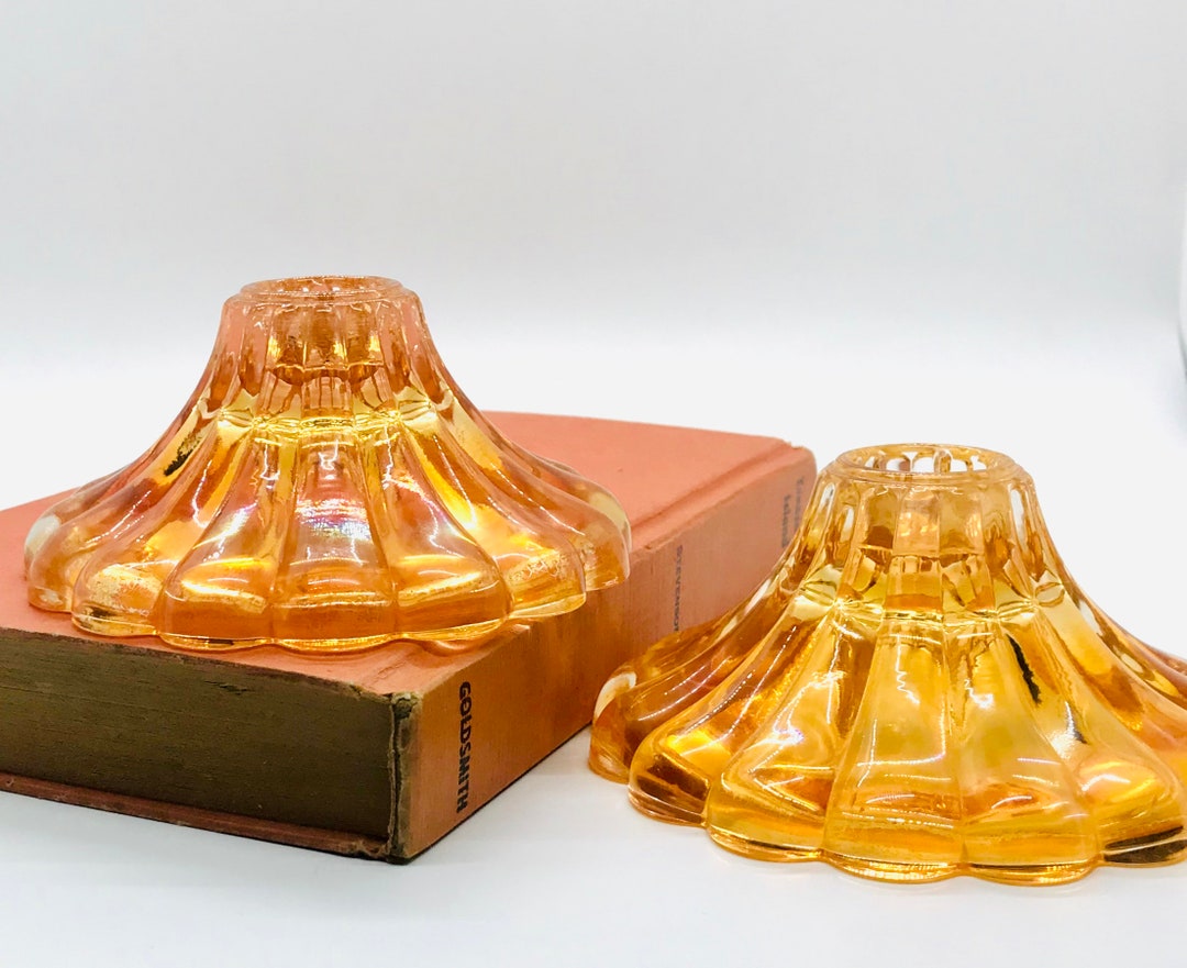 Vintage Orange Depression Glass Candle Stick Holders Vintage Etsy