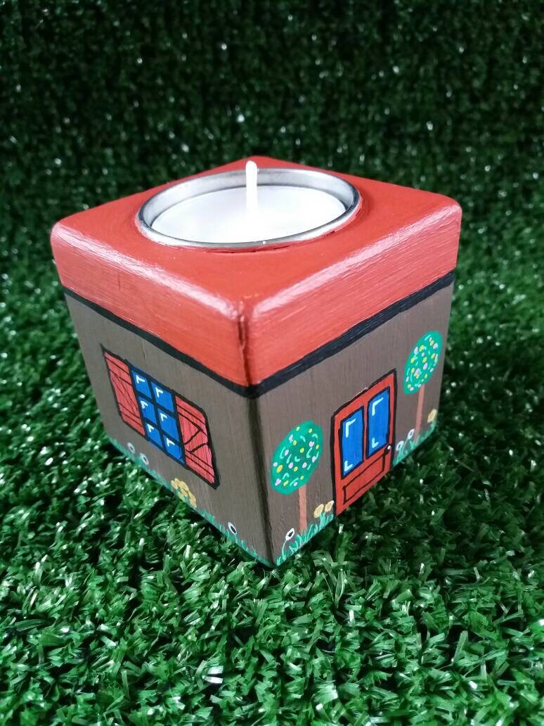 Unique Main Painted Wood Cube House Candle Tea Light Holder Français Dutch Shutters Flower Garden On