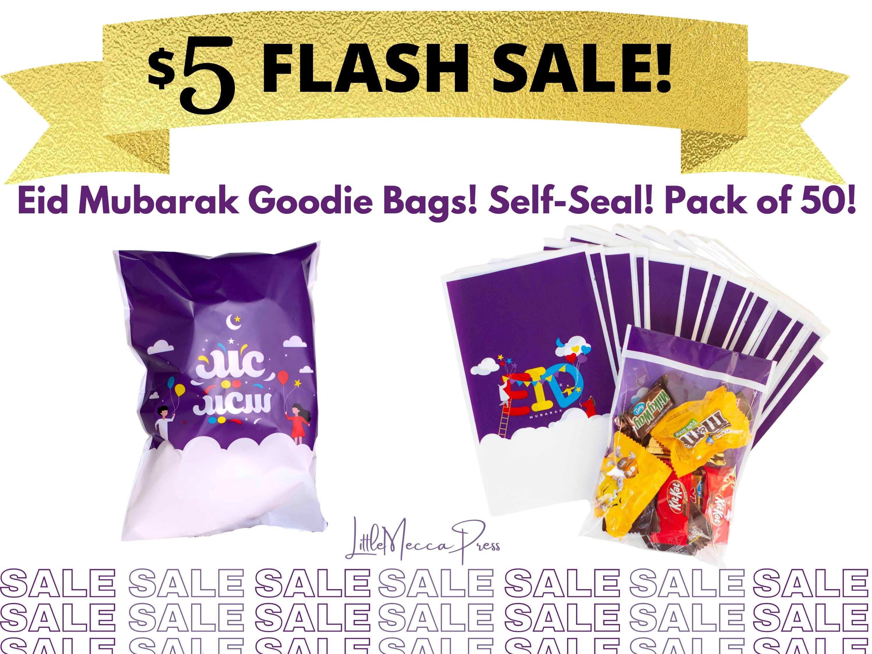 Eid Mubarak Goodie Bags Easy Self-Seal Clear Back 50 Pack Comes in En…