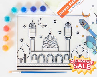 Eid Gift Activity Stained Glass Set with 8 Vibrant And Washable Paint Colors 1 Mosque Scenery 1 Paint Brush Ramadan Mubarak Eid Gift