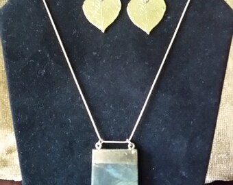 Gold Labradorite Necklace with Gold Leaf Earrings Jewelry Set