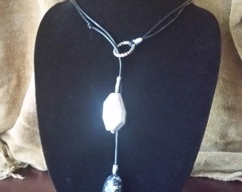 Silver & Black Leather Lariat Necklace