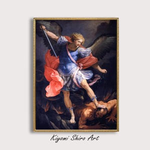 St Michael The Archangel Painting, Guido Reni Italian Artist, Bible Story Revelation 12:7-9 Baroque Period Artwork , Angel Defeat Devil Art.