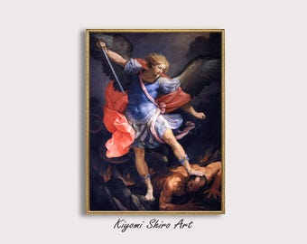 St Michael The Archangel Painting, Guido Reni Italian Artist, Bible Story Revelation 12:7-9 Baroque Period Artwork , Angel Defeat Devil Art.