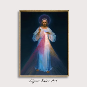 May include: A painting of Jesus Christ with a radiant glow around him, depicted in a white robe with a red and blue heart. The painting is framed in gold.