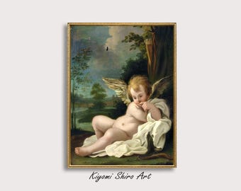 Cute Angel Cherub Artwork, Cupid Reclining In A Landscape Oil Painting, Romanticism Art, Classical Mythology Cherubim Wall Art Digital Print