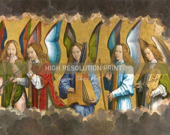 Music Angles Painting, 15th Century Hans Memling Painting, Angelic Choir Artwork, Royal Museum of Fine Arts,  Christian Iconography