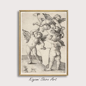 Famous 16th Century Renaissance Period Three Putti with Trumpets Woodcut Art by Albrecht Durer, Vintage Angel Cherub Artwork, Flemish Artist