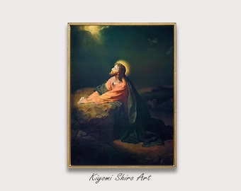 Agony in the Garden of Gethsemane Painting by German Painter Heinrich Hofmann, Jesus of Nazareth Picture, Bible story Christian Wall Art