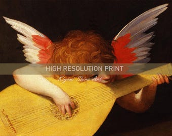 Cherub Playing the Lute Painting, Uffizi Museum Putto Che Suona Art, Music Angel, Putto Angel Artwork, Angel Musician, Italian Mannerism.