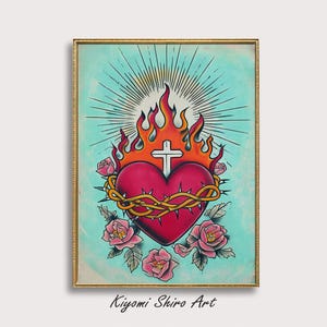 Vintage Sacred Heart of Jesus Artwork, Sacro Cuore di Gesu, Heart of Jesus Digital Print, Religious Wall Art, Christian Faith Spiritual Art