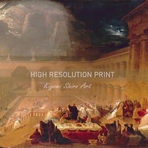 May include: A painting depicting a large, ornate hall filled with people. The scene is illuminated by a bright light emanating from the ceiling. The walls are lined with columns and arches, and the floor is covered in a patterned rug. The people in the painting are dressed in elaborate clothing, and they are engaged in conversation and feasting. The painting is set against a backdrop of a stormy sky.