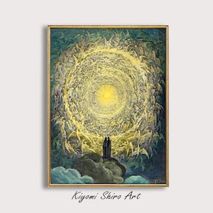 May include: A painting depicting a swirling vortex of angels, with a bright light at the center. Two figures stand on a rocky outcropping at the bottom of the vortex, looking up at the light.