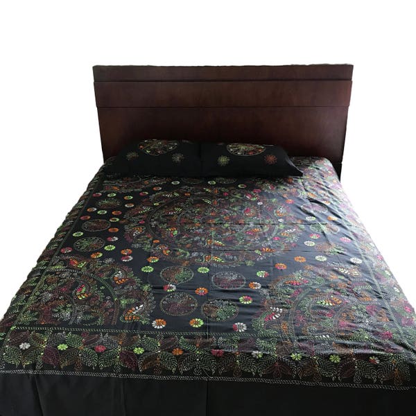 Black Nakshi Kantha with Pillow Covers-- A Traditional Hand-made Item from Bengal