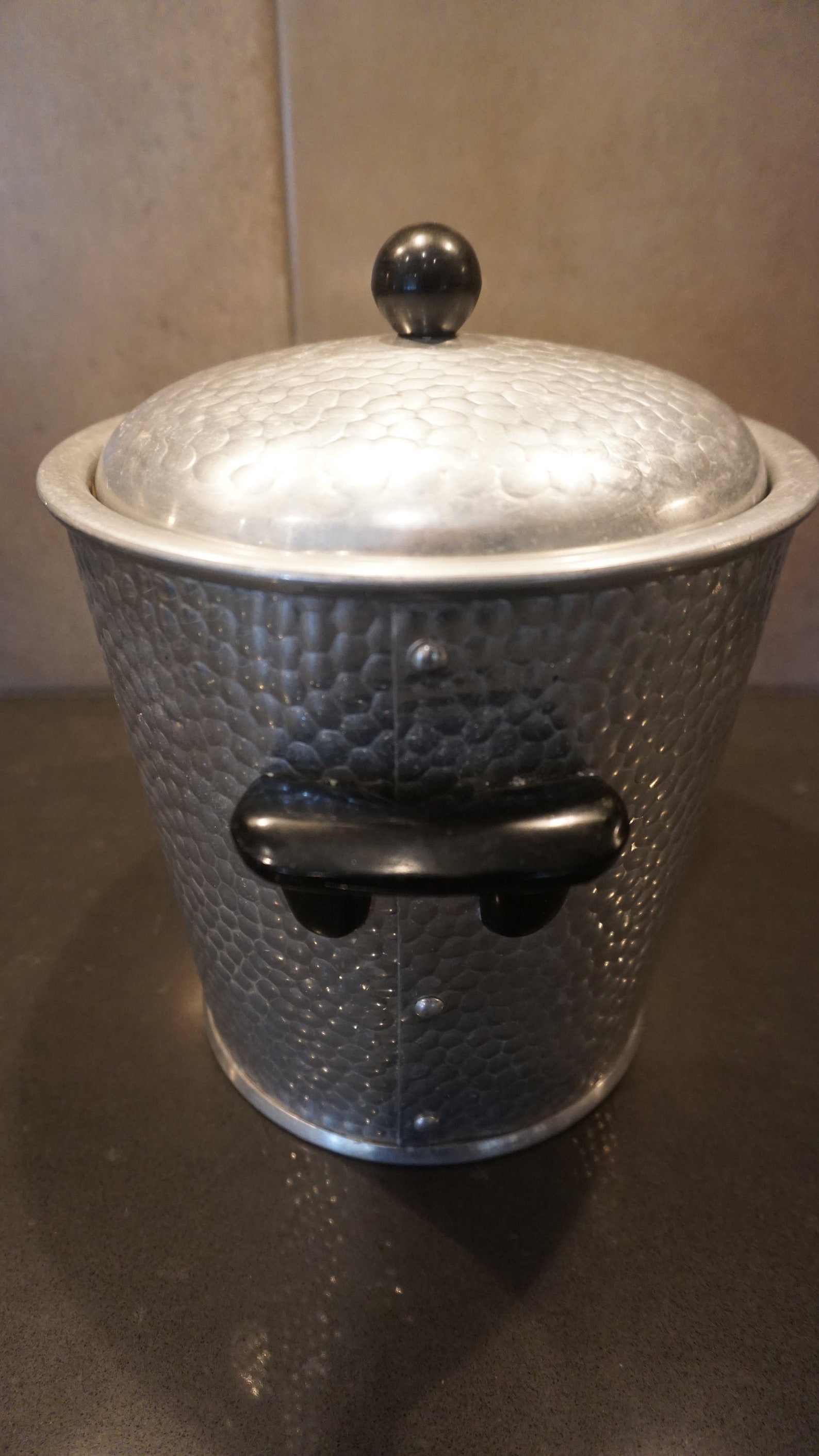 Midcentury Hammered Aluminum Ice Bucket With Lid, Black Bakelite