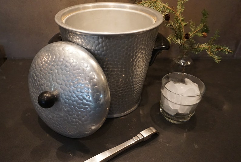 Midcentury Hammered Aluminum Ice Bucket With Lid, Black Bakelite