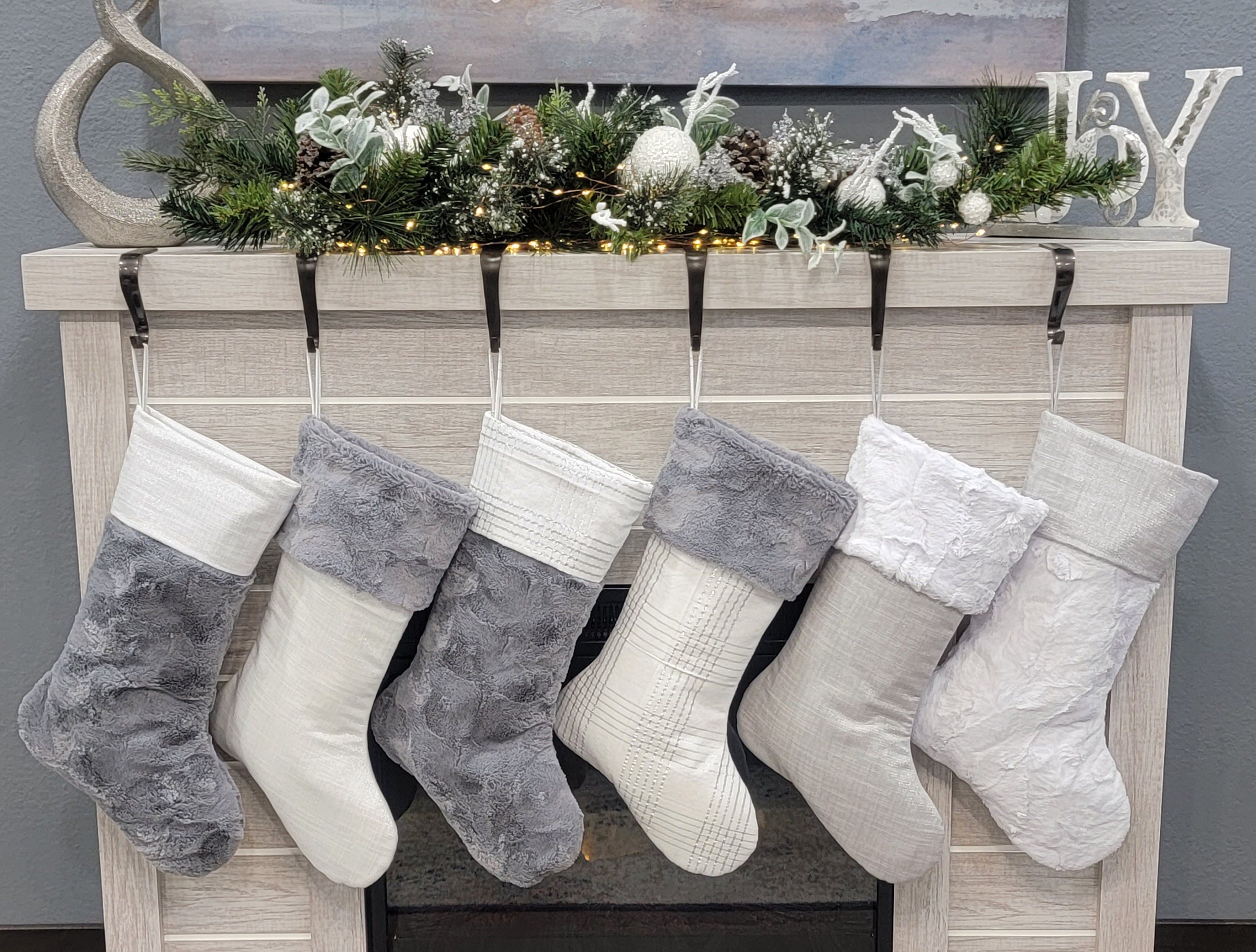 White and silver christmas stockings, white stockings, silver stockings, personalized stockings,