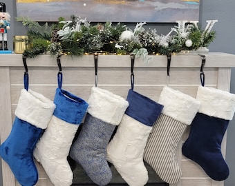 Blue Christmas stockings, navy Christmas stockings, ivory Christmas stockings, gold Christmas stocking, Christmas decorations