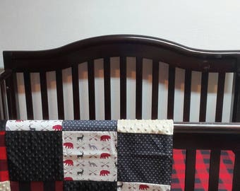 SPECIAL PRICE! Patchwork blanket/deers/bears/foxes/arrows/baby blanket/crib bedding/woodland bedding/red and black checks/