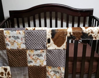 Baby animals nursery,farm crib bedding,baby animals,gray minky,cow minky,woodgrain,brown minky