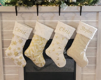 Christmas stockings, gold and ivory Christmas stockings, gold deers,gold stripes, gold feathers, gold snowflakes, modern Christmas