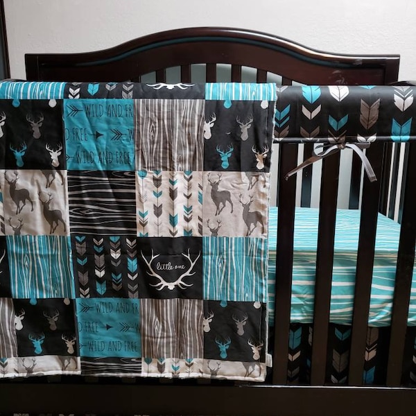 Teal bedding/Baby crib set/wholeclothe blanket/patchwork blanket/charcoal/grey deer/antler/arrows/little one/woodland/baby bedding/baby boy