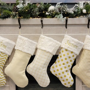 Gold and ivory Christmas stockings,gold chevron stockings,gold dots stockings,plaid stockings,natural stockings,neutral christmas stockings