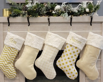 Gold and ivory Christmas stockings,gold chevron stockings,gold dots stockings,plaid stockings,natural stockings,neutral christmas stockings