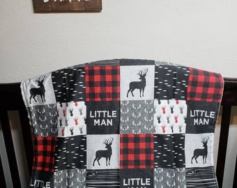 Little man/Deer blanket/red and black checks/woodland blanket/crib blanket/baby nursery/baby shower gift/crib blanket/baby boy bedding