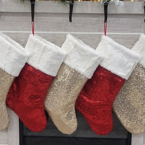 Red and champagne christmas stockings, sequin christmas stockings, red stocking,champagne stocking,elegant  stockings